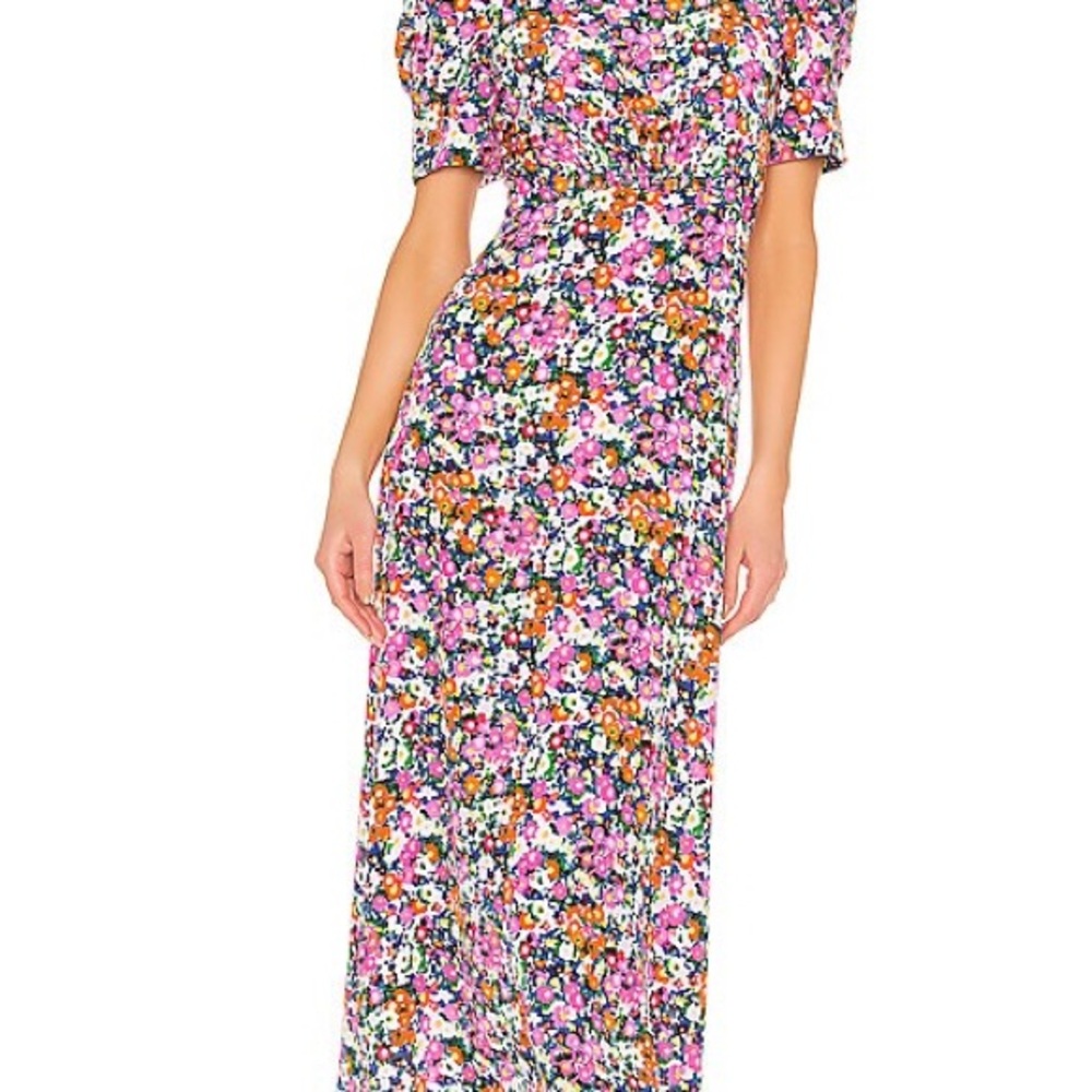 Saloni Bianca Puff Sleeve Silk Midi Dress